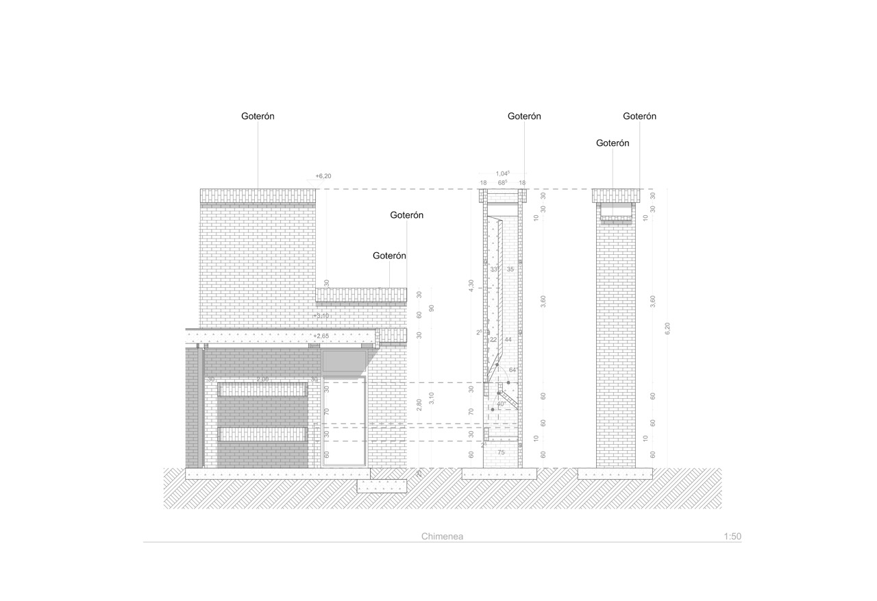 Construction detail of fireplace and roof structure